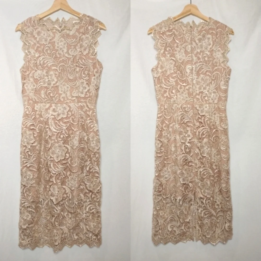 Dress The Population Cardea Champagne Lace Floral‎ Midi Dress M Sleeveless Crew